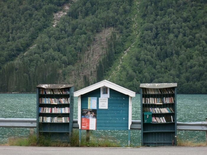 Outdoor lakeside library shelves with books beside a small blue tourist office, surrounded by lush green forest. Outdoor lakeside library shelves with books beside a small blue tourist office, surrounded by lush green forest.