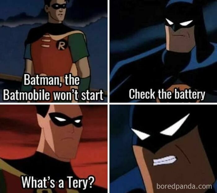 Batman e Robin meme che spiega i problemi della Batmobile, illustrando l'umorismo degli account di meme per chi non lo capisce.