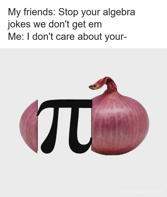 Mème d'algèbre montrant le symbole pi combiné avec un oignon, illustrant une blague expliquée par un compte de mèmes pour ceux qui ne la comprennent pas.